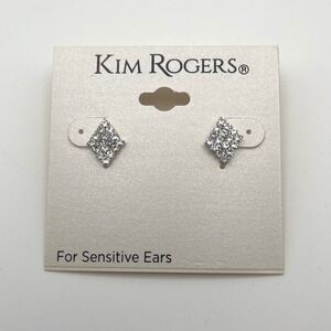 Kim Rogers Silver Tone Square Crystal Stud Earrings For Sensitive Ears‎